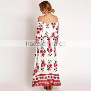 Maxnegio Sexy Long Sleeve Boder Print off Shoulder Midi Evening Dress thumbnail-2