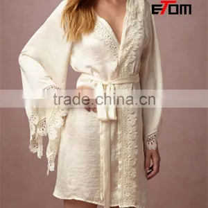 Customize Ladies Luxury Cotton Knee Length Robe, Sexy Lace Trim Flax Kimono Robe 2017032 thumbnail-1