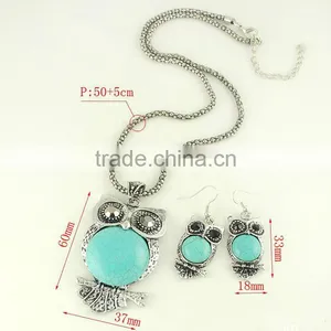 Antique Owl Pendant Silver Plated Turquoise Dangle Earrings Chain Necklace Set thumbnail-4