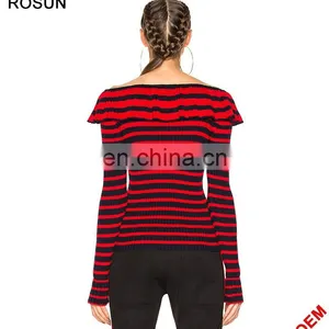 Fashion Red and White Strips off Shoulder Knit Sweater Top thumbnail-1