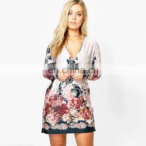 Summer Clothes Custom v Neck Printed Long Sleeve Women Mini Dress thumbnail-1