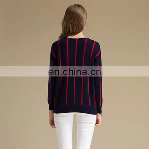 Winter Casual Navy Blue Vertical Stripe Patterned Cashmere Sweater for Women thumbnail-2