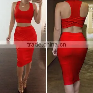 Stylish Lady Women's Casual Sexy High Elastic O-neck Sleeveless Tank Tops And Pencil Skirt Set thumbnail-4