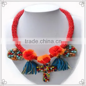 Europe America Style Red Bead Necklace With Leather Tassel thumbnail-1