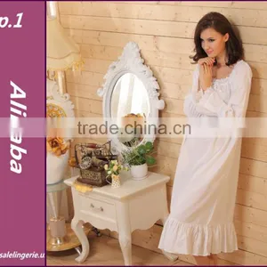 Cotton Woman's Nightgown, Long Sleeve Sleep Dress Fashion Sleepwear White Cotton Long Sleeve Sleep Dress thumbnail-1