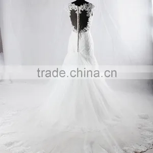 RSW928 Cap Sleeves Illusion Neckline See Through Back Lace Wedding Dresses Mermaid With Detachable Train thumbnail-3