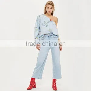 Tie Cuff Modern Lady's One Shoulder Stripe and Floral Poplin Blouse thumbnail-5