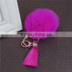 Fashion Keychain Gold Plated Fuchsia Angora Pom Pom Ball Rayon Tassel Key Chain thumbnail-2