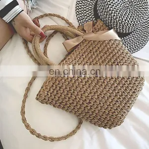New Hand Knit Straw Handbag Bucket Shoulder Bag for Women thumbnail-3