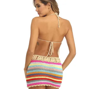 Hand Crocheted Beach Fringed Bikini Split Prismatic Swimsuit Set thumbnail-4