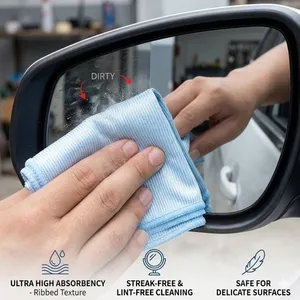 Blue Microfiber Glass Towel Wiping Car Side Mirror for Streak Free Clarity thumbnail-1