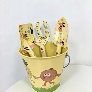Cute Cartoon Kids Gardening Tool Set | Metal Bucket With Wooden Handle Garden Toy Kit thumbnail-1
