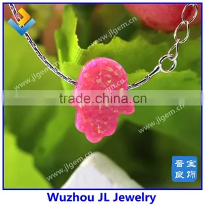 Wholesale Price Synthetic Pink Opal Hamsa/Hand Opal 925 Sterling Silver Opal Hamsa Necklace thumbnail-3