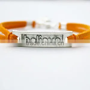 Custom Gift Leather Cord Antiqued Silver Believe Charm Bracelet thumbnail-2
