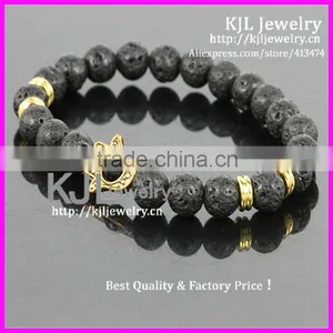 KJL-A0248 Wholesale Gold Hamsa Palm Charm Bracelet,natural Lava Stone Beaded Evil Eye Bracelet Bangle thumbnail-1