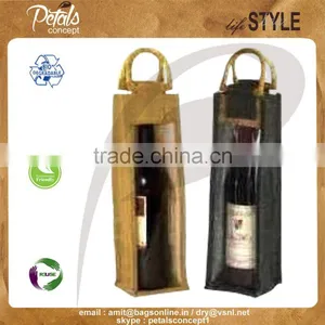 Single Bottle Jute Wine Bag With Wooden D Shape Handle thumbnail-1