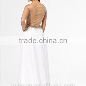 Gold White Combine Beaded Halter Full Length Chiffon Party Wear thumbnail-2