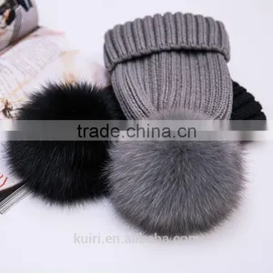 Factory Supply 14cm Fox Fur Ball Cap Pom Poms Winter Hat for Women Girl 's Wool Hat Knitted Cotton Beanies Cap Brand New Design thumbnail-3