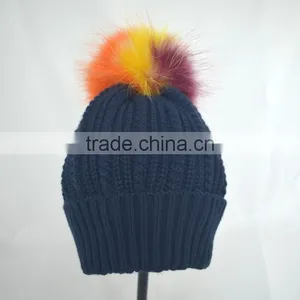 Myfur Navy Color Adults Winter Wool Beanie With Raccoon Fur Pompom Top thumbnail-3