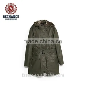 Fashion Women Long Parka Coat With Detachable Belt Fake Fur Lining thumbnail-1
