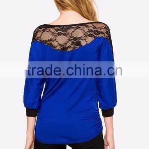 3/4Sleeve Contrast Trims Lacey Yoke Lady Blouses for Women Summer 2015 thumbnail-5