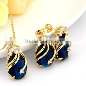 Copper Gemstone Fashion Jewelry Sets,Drop Earrings Crystal Pendant Necklace Bridal Jewelry Set (Red,Green,Blue,Purple and Black) thumbnail-3