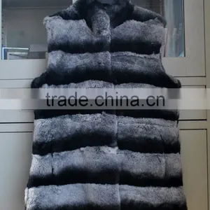 YR247 Genuine Rex Rabbit Chinchilla Dyed Fur Waistcoat Long Fur Gilet thumbnail-3