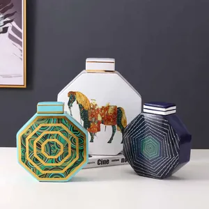 European Simple Style Hexagonal Cylinder Horse Painting Ceramic Flower Vase With Square Lid For Home Decoraration thumbnail-3