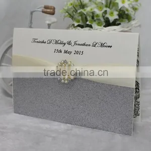 2016 Handmade Silver Glitter Paper Luxury Brooch Wedding Invitation Cards thumbnail-1