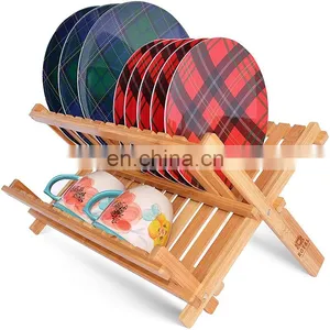 Foldable Bamboo 2-Tier Dish Drying Rack Space-Saving Kitchen Countertop Plate Drainer thumbnail-1
