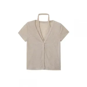 2025 New Women's Clothing French Fashion Hanging Neck Collar Double Layered V-neck Stacked Wear Show Thin Short Sleeve T thumbnail-2