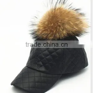 Fashion Genuine Raccoon Fur Pompom Hat New PU Leather Baseball Snapback Cap Unisex Woman Man Hat With Real Raccoon Fur Balls thumbnail-1