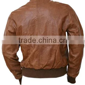 Men's Tan Leather Collar Bomber Jacket thumbnail-2