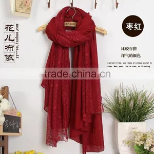 Hot Selling Stock Lace Cotton Flower Plain Pure Color Women Pattern Scarf Voile Cotton Scarves 180*110 Pashmina Moq 10pcs thumbnail-1