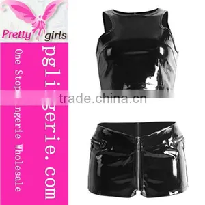 Pin up Carnival Costumes Solid Black Sexy Leather Women Jumpsuit Sets thumbnail-1