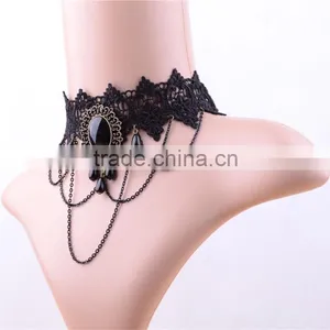 Palace Retro Gothic Lolita Black Tassel Lace Necklace Choker Droplets Multilayer Female Jewelry thumbnail-1