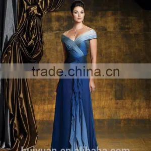 Blue Chiffon Off-shoulder Full Length Beautiful Champagne Mother of the Bride Dresses thumbnail-1