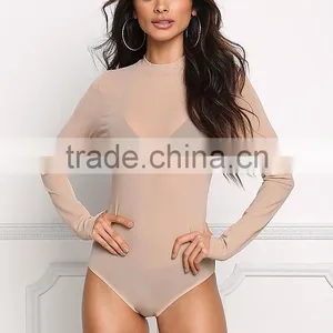 MGOO Custom Minimalist Khaki Mesh Sexy Tops For Ladies Long Sleeves Boat Neck Nylon Spandex Bodysuits thumbnail-2