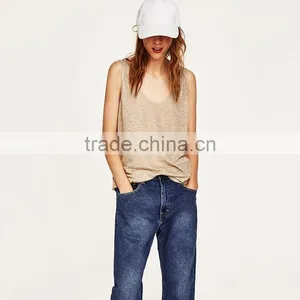 Summer Loose Fit Round Neckline Sleeveless Wide Straps Vest Women Linen Tank Tops thumbnail-2