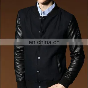 UK Designer Vintage Flight Black Wool Mens Bomber Jackets With Leather Sleeves thumbnail-1