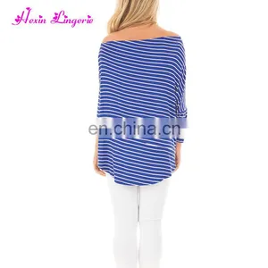 Private Label Blue Striped Long Sleeves Tops Tshirt Women Casual Blouse Designs thumbnail-6