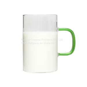 Hot Sale Logo Customized Glass Cup With Colorful Handle Glass Coffee Mug With Green Brown Blue Handle thumbnail-1