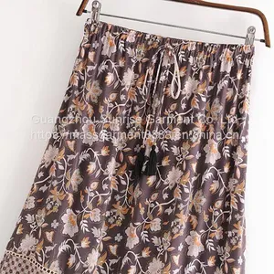 Wholesales Summer Half-length Skirt Retro Rayon Placement Printing 100% Rayon Cotton Tassel Elastic Waist Long Skirt Female thumbnail-3