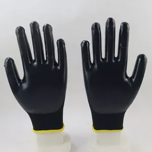 Black Polyester Knitted Black Nitrile Palm Coated Safety Work Gloves for Construction Workplace Workshop Plant Workers Wearing thumbnail-2