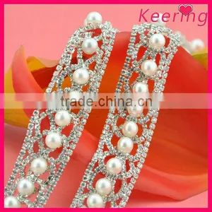 New Arrival Crystal Rhinestone and Pearl Beads Trim Wholesale Stainless Steel Chain for Dress WRC-200 thumbnail-1
