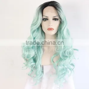 Lace Front Black Green Ombre Wig Long Wavy Curly High Temperature Synthetic Wig thumbnail-2