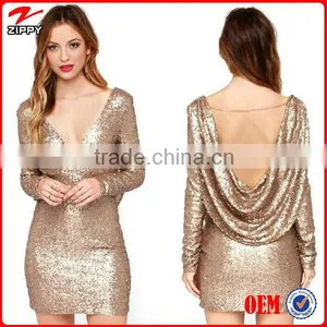 2016 New Fashion Evening Dresses Wholesale, New Deep V Neck Sequin Evening Dresses With Self-cultivation Exposed Backpack Hip thumbnail-1