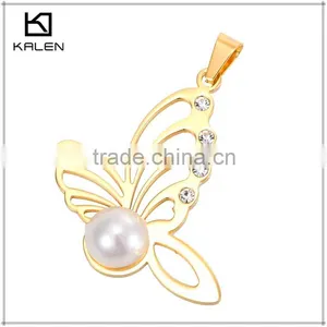 Shiny BUTTERFLY Design With Big Pearl Golden Stainless Steel Pendant Jewelry Set thumbnail-2