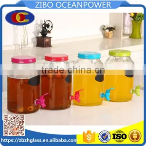 Clear Glass Beverage Dispenser Glass Water Bottle With Colored Lid and Tap thumbnail-1