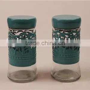 Glass Spice Jar Condiment Bottle With Lid Green Metal Cover thumbnail-2